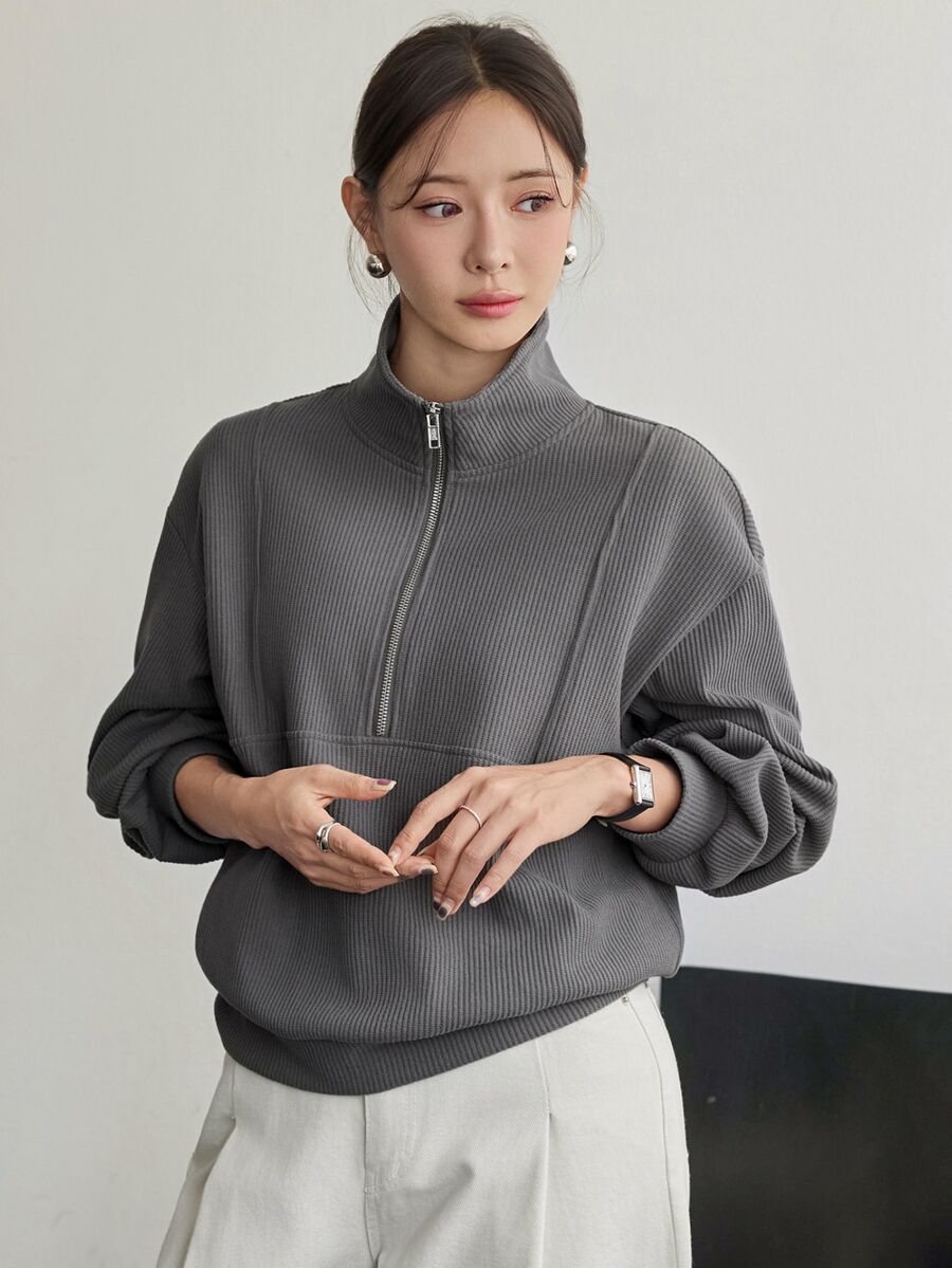 Dazy-Less 女款灰色連帽抽繩長袖寬鬆素色前口袋休閒套頭運動衫,秋冬連帽衫 - 灰色 - 查看 1