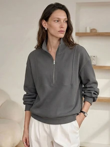 Dazy-Less Women's Grey Hooded Drawstring Long Sleeve Loose Solid Color Front Pocket Casual Pullover Sweatshirt, Autumn/Winter Hoodies - Grey - View 1