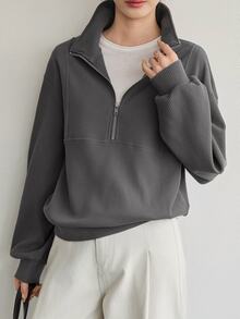 Dazy-Less Women's Grey Hooded Drawstring Long Sleeve Loose Solid Color Front Pocket Casual Pullover Sweatshirt, Autumn/Winter Hoodies - Grey - View 4