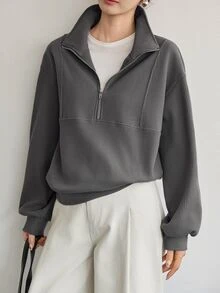 Dazy-Less Women's Grey Hooded Drawstring Long Sleeve Loose Solid Color Front Pocket Casual Pullover Sweatshirt, Autumn/Winter Hoodies - Grey - View 3