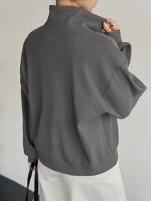 Dazy-Less Women's Grey Hooded Drawstring Long Sleeve Loose Solid Color Front Pocket Casual Pullover Sweatshirt, Autumn/Winter Hoodies - Grey - View 2