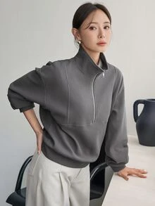 Dazy-Less Women's Grey Hooded Drawstring Long Sleeve Loose Solid Color Front Pocket Casual Pullover Sweatshirt, Autumn/Winter Hoodies - Grey - View 9