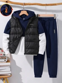 SHEIN 3件組兒童青少年男孩休閒日常百搭舒適拼接對比色連帽寬鬆長袖衛衣、慢跑褲與加厚連帽梭織背心外套套裝 - 藏蓝色 - 查看 2