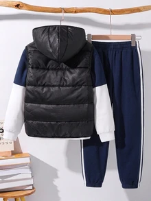SHEIN 3件組兒童青少年男孩休閒日常百搭舒適拼接對比色連帽寬鬆長袖衛衣、慢跑褲與加厚連帽梭織背心外套套裝 - 藏蓝色 - 查看 3
