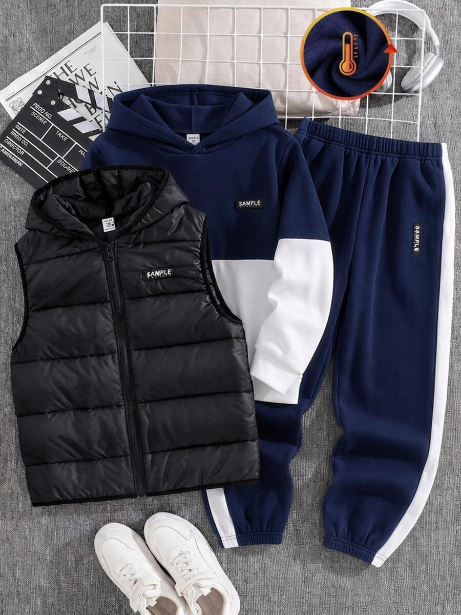 SHEIN 3件組兒童青少年男孩休閒日常百搭舒適拼接對比色連帽寬鬆長袖衛衣、慢跑褲與加厚連帽梭織背心外套套裝 - 藏蓝色 - 查看 1