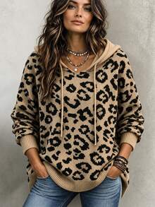 SHEIN Women Leopard Print Hooded Knit Sweater, Long Sleeve Drawstring Drop Shoulder Oversized Knit Pullove - Multicolor - View 7