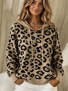 SHEIN Women Leopard Print Hooded Knit Sweater, Long Sleeve Drawstring Drop Shoulder Oversized Knit Pullove - Multicolor - View 1