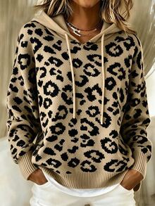 SHEIN Women Leopard Print Hooded Knit Sweater, Long Sleeve Drawstring Drop Shoulder Oversized Knit Pullove - Multicolor - View 8