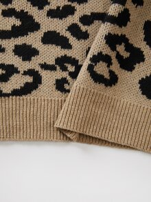 SHEIN Women Leopard Print Hooded Knit Sweater, Long Sleeve Drawstring Drop Shoulder Oversized Knit Pullove - Multicolor - View 6
