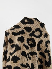 SHEIN Women Leopard Print Hooded Knit Sweater, Long Sleeve Drawstring Drop Shoulder Oversized Knit Pullove - Multicolor - View 4
