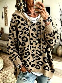 SHEIN Women Leopard Print Hooded Knit Sweater, Long Sleeve Drawstring Drop Shoulder Oversized Knit Pullove - Multicolor - View 3