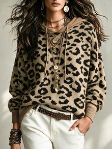 SHEIN Women Leopard Print Hooded Knit Sweater, Long Sleeve Drawstring Drop Shoulder Oversized Knit Pullove - Multicolor - View 5