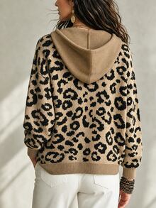 SHEIN Women Leopard Print Hooded Knit Sweater, Long Sleeve Drawstring Drop Shoulder Oversized Knit Pullove - Multicolor - View 2