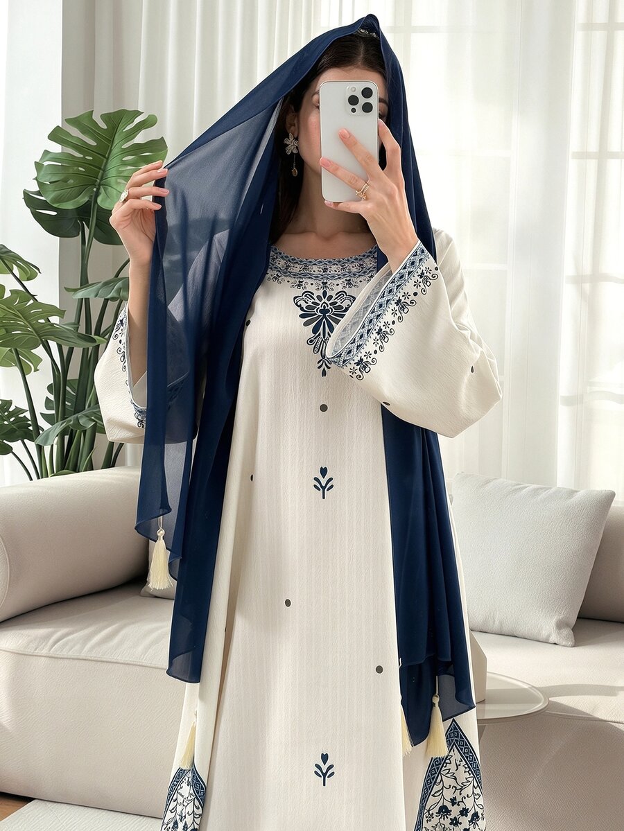 Al Najma Elegant Blue Floral Print Dress And Tassel Headscarf