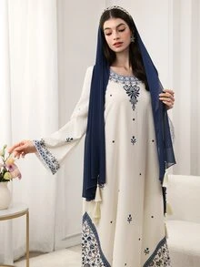 Al Najma Elegant Blue Floral Print Dress And Tassel Headscarf - Multicolor - View 8