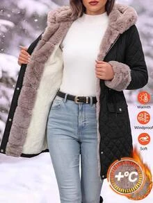 SHEIN Clasi Women's Patchwork Faux Fur Cinched Waist Casual Hooded Winter Jacket Travel Everyday Black - Black - View 1