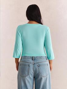 CovetEZ Autumn/Winter Blue Comfortable Cotton V-Neck Casual Slimming Plus Size T-Shirt Fall - Blue - View 3