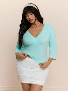 CovetEZ Autumn/Winter Blue Comfortable Cotton V-Neck Casual Slimming Plus Size T-Shirt Fall - Blue - View 6