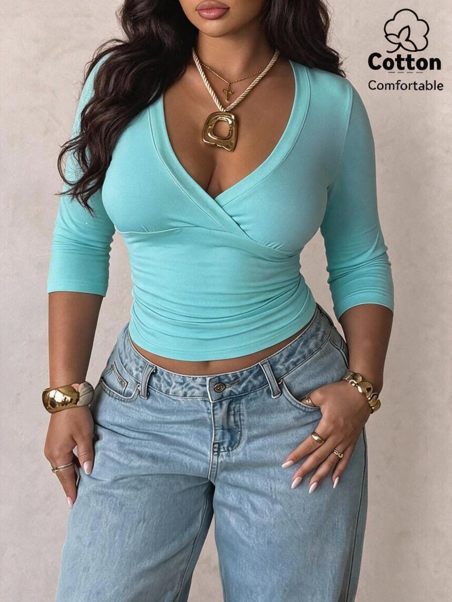 CovetEZ Autumn/Winter Blue Comfortable Cotton V-Neck Casual Slimming Plus Size T-Shirt Fall - Blue - View 1