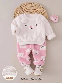 SHEIN Baby Girl Knitted Solid Color Faux Fur Crew Neck Top And Long Pants Loungewear 2 Pieces Set, Suitable For Autumn/Winter - Multicolor - View 6