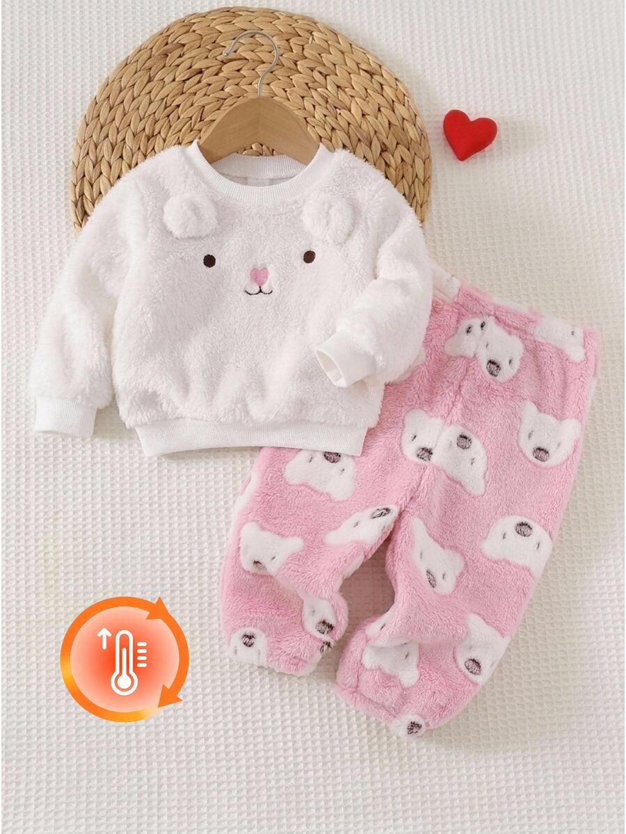 SHEIN Baby Girl Knitted Solid Color Faux Fur Crew Neck Top And Long Pants Loungewear 2 Pieces Set, Suitable For Autumn/Winter - Multicolor - View 1