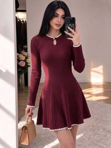 Modelyn Women's Pleated Elegant Romantic Fall/ Long Sleeve Sweater Dress Christmas Dinner Everyday Burgundy - Burgundy - View 1