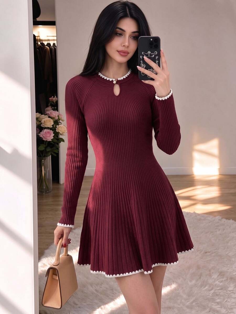 Modelyn Women's Pleated Elegant Romantic Fall/ Long Sleeve Sweater Dress Christmas Dinner Everyday Burgundy - Burgundy - View 1