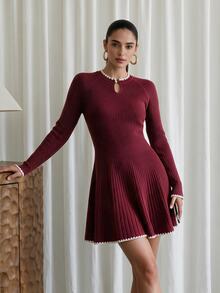 Modelyn Women's Pleated Elegant Romantic Fall/ Long Sleeve Sweater Dress Christmas Dinner Everyday Burgundy - Burgundy - View 5