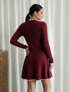 Modelyn Women's Pleated Elegant Romantic Fall/ Long Sleeve Sweater Dress Christmas Dinner Everyday Burgundy - Burgundy - View 2