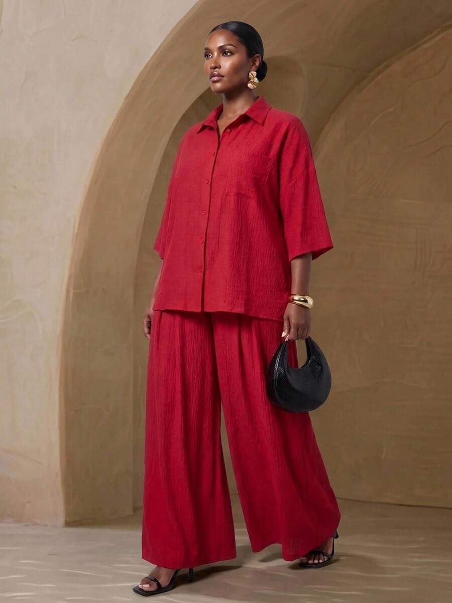 Zivah Plus Size Women's Solid Color Short Sleeve Single-Breasted Shirt And Wide Leg Pants Casual 2 Pieces Set - Burgundy - View 1