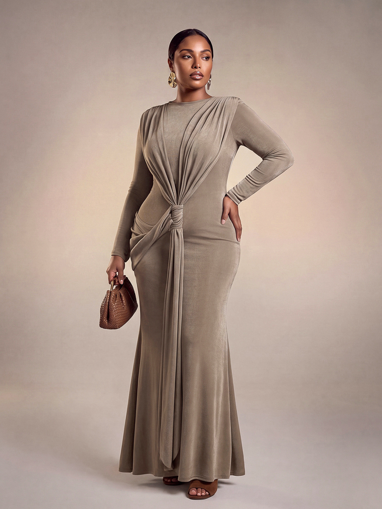 Zivah Fall Grey Long Dress, Plus Size, Round Neck Long Sleeve, Front Patchwork Design With Waist Twist And Ribbon Tie, Shiny Knit Fabric, Elegant Evening - Volcanic Gray - View 3