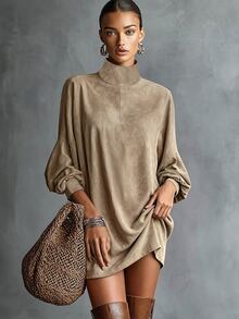 SHEIN 女款秋冬新款咖啡色麂皮立領寬鬆燈籠袖短洋裝，頂級咖啡色柔軟天鵝絨面料搭配啞光質感，立領設計修飾頸部線條，寬鬆落肩收口燈籠長袖，適合休閒街頭風、日常穿著等多種場合 - 卡其色 - 查看 2