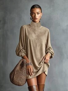 SHEIN 女款秋冬新款咖啡色麂皮立領寬鬆燈籠袖短洋裝，頂級咖啡色柔軟天鵝絨面料搭配啞光質感，立領設計修飾頸部線條，寬鬆落肩收口燈籠長袖，適合休閒街頭風、日常穿著等多種場合 - 卡其色 - 查看 5