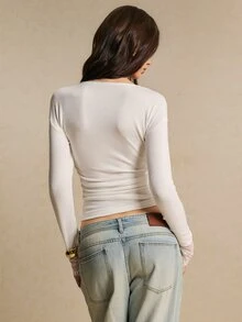 Poéselle 女款純色對比蕾絲長袖抓皺修身時尚上衣 外出穿搭 白色 秋季 浪漫優雅 - 白色 - 查看 6