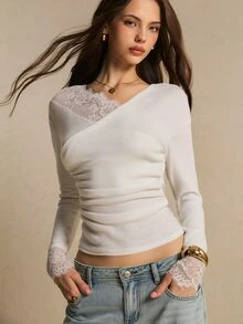 Poéselle 女款純色對比蕾絲長袖抓皺修身時尚上衣 外出穿搭 白色 秋季 浪漫優雅 - 白色 - 查看 5