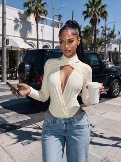 Amplova Women's Sexy Criss-Cross Neck Low Cut Long Sleeve Bodysuit