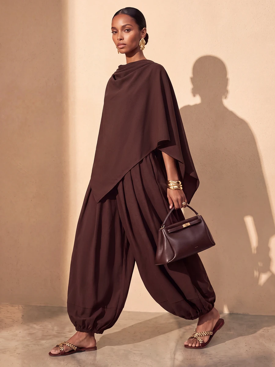 Zivah Setelan Kasual Sehari-hari Wanita 2 Potong: Atasan Polos dan Celana Panjang Model Lentera - Coffee Brown - View 1
