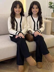 SHEIN Tween Girls Tween Girl Patchwork Hem Cardigan Front Button Long Sleeve Casual Sweater & Pants 2-Piece Set - Black and White - View 6