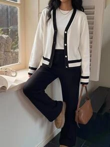 SHEIN Tween Girls Tween Girl Patchwork Hem Cardigan Front Button Long Sleeve Casual Sweater & Pants 2-Piece Set - Black and White - View 7