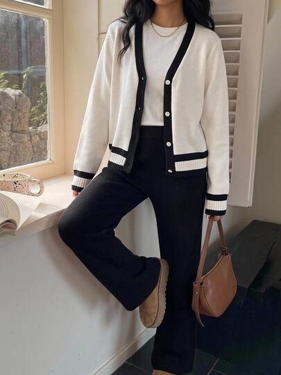 SHEIN Conjunto de 2 piezas para niñas preadolescentes: cárdigan casual de manga larga con botones delanteros y dobladillo patchwork & pantalones de otoño