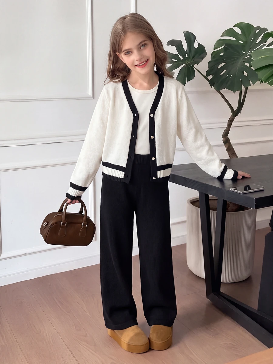 SHEIN Tween女孩童裝拼接下擺開襟針織外套前扣長袖休閒毛衣與秋季長褲兩件套