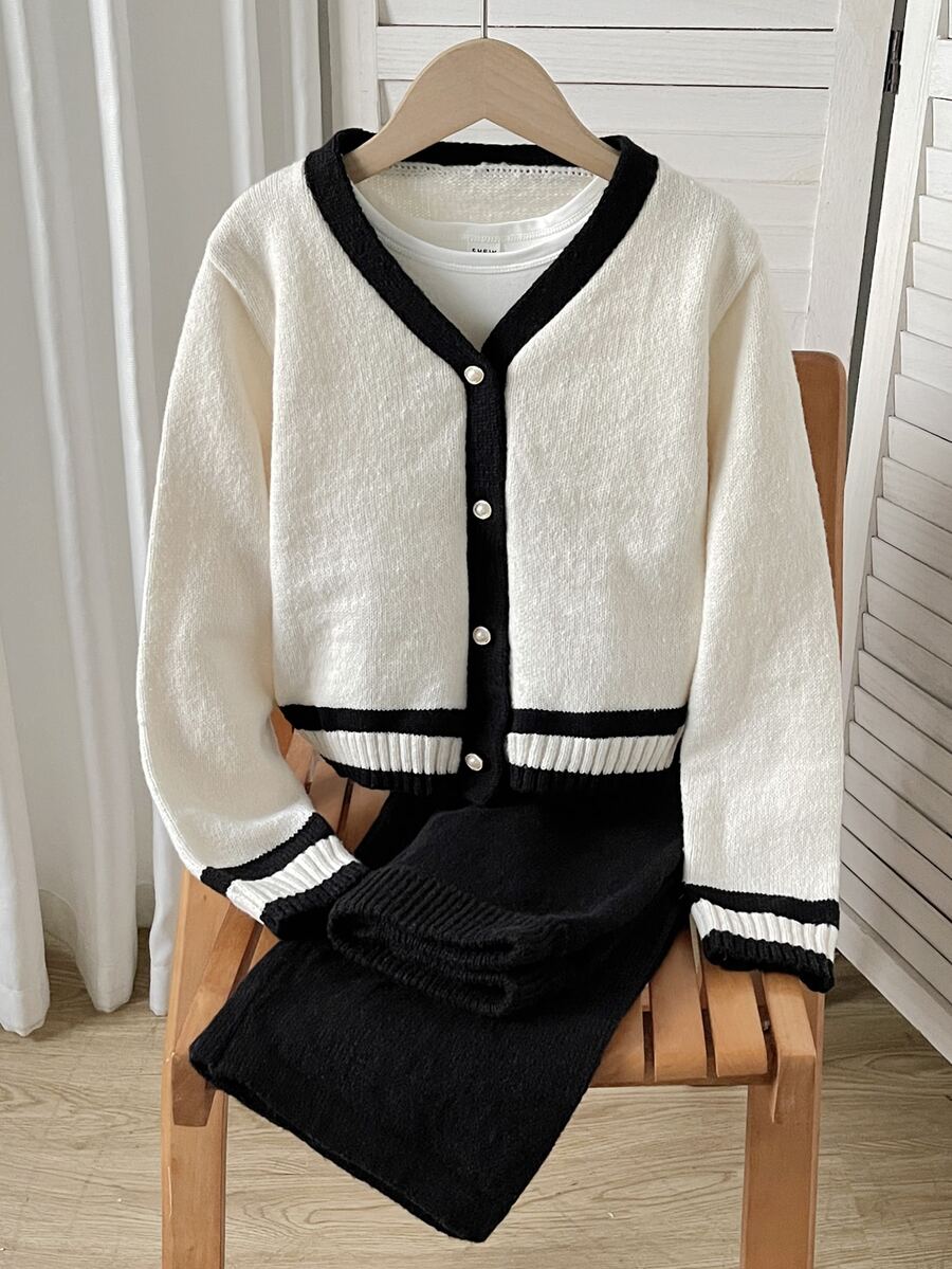 SHEIN Tween Girls Tween Girl Patchwork Hem Cardigan Front Button Long Sleeve Casual Sweater & Pants 2-Piece Set