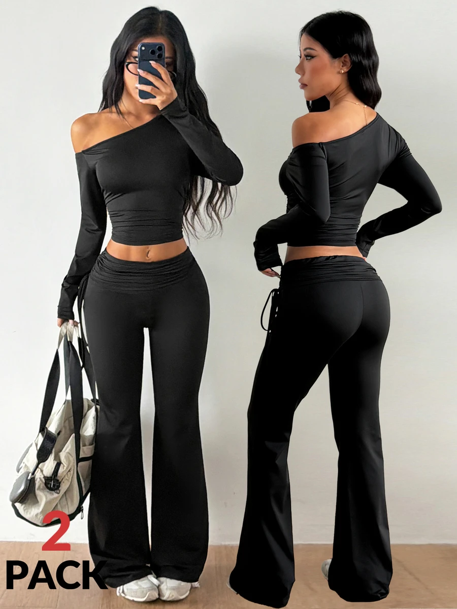 Coolane Women's Fall Going Out Casual Gym Yoga Run Off Shoulder And Petite Bell Bottoms Black Sport 2pcs - Black - View 1