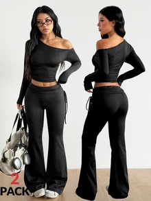 Coolane Women's Fall Going Out Casual Gym Yoga Run Off Shoulder And Petite Bell Bottoms Black Sport 2pcs - Black - View 2
