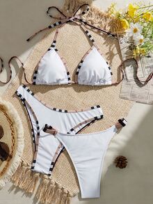 Elavelle 3pcs Solid Color Bikini Set, Women Swimwear For Spa Resort Boho Bikini Set - White - View 3