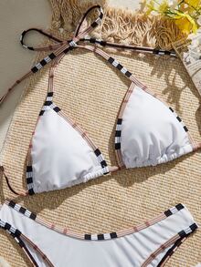Elavelle 3pcs Solid Color Bikini Set, Women Swimwear For Spa Resort Boho Bikini Set - White - View 4