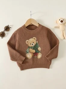 SHEIN 小男孩卡通熊兒童圖案圓領長袖套頭秋季毛衣，百搭舒適 - 彩色 - 查看 4