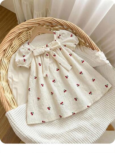 SHEIN Babygirl Cute Summer Red And White Checkered Cherry Muslin Dress Plaid Short Sleeve Bow Loose Vintage First Birthday Party Outfits For Baby Girls