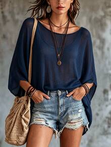 SHEIN Women's Autumn Beach Vacation Vacation Solid Color Loose Shawl Top Navy Blue Casual Boho - Navy Blue - View 5