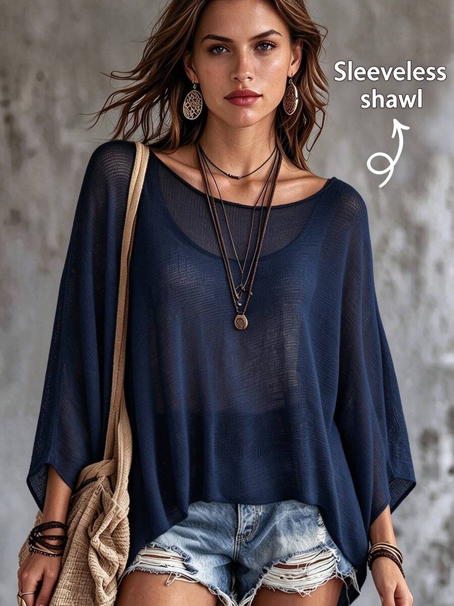 SHEIN Women's Autumn Beach Vacation Vacation Solid Color Loose Shawl Top Navy Blue Casual Boho - Navy Blue - View 1
